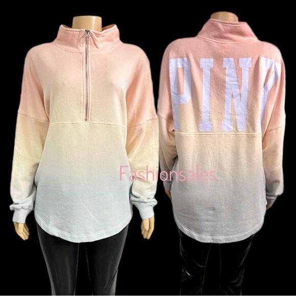 Victorias Secret Pink Varsity 1/2 Zip Oversized Sweatshirt Ombre Medium - Picture 1 of 6